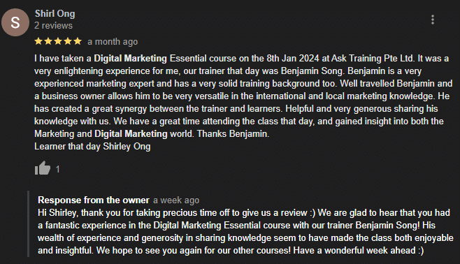 Google Review example from ASK Training