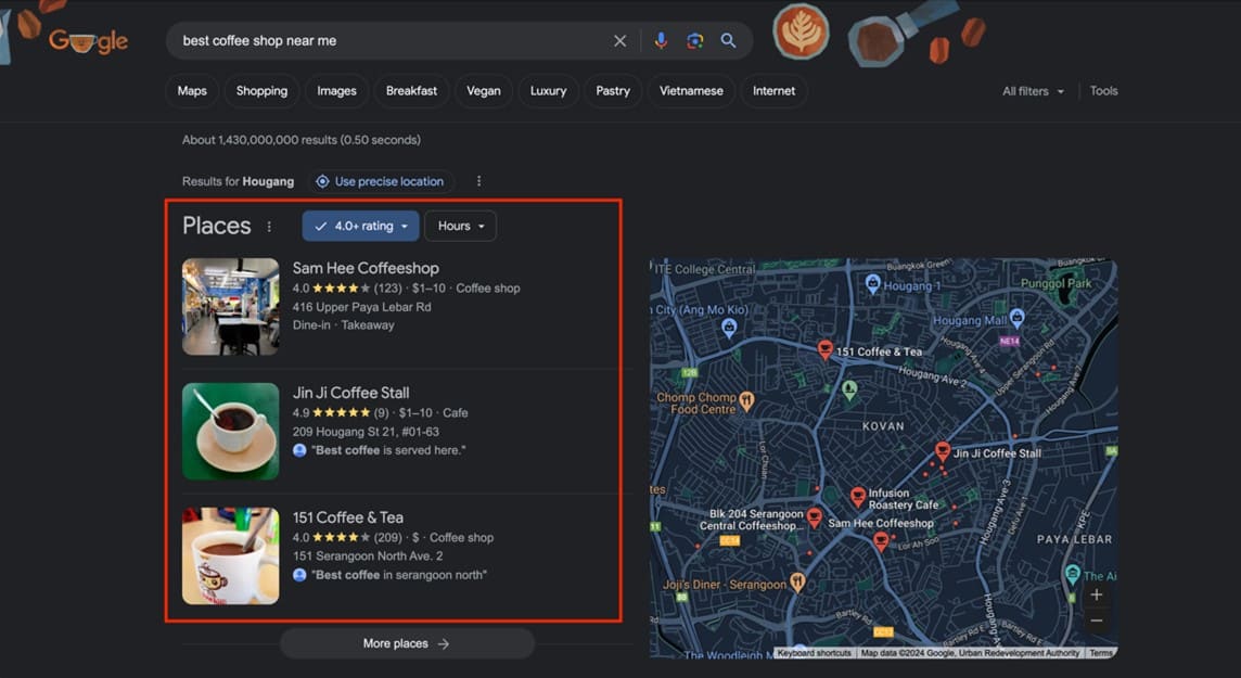 Google search of coffee shop near me