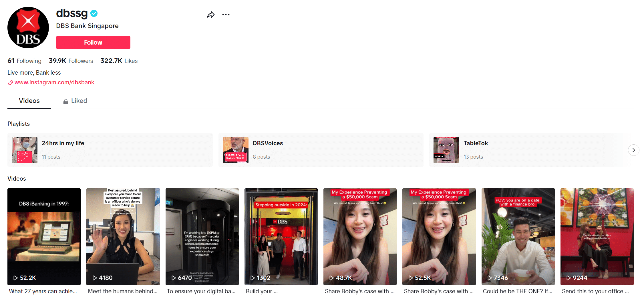 A screenshot of DBS Singapore TikTok profile