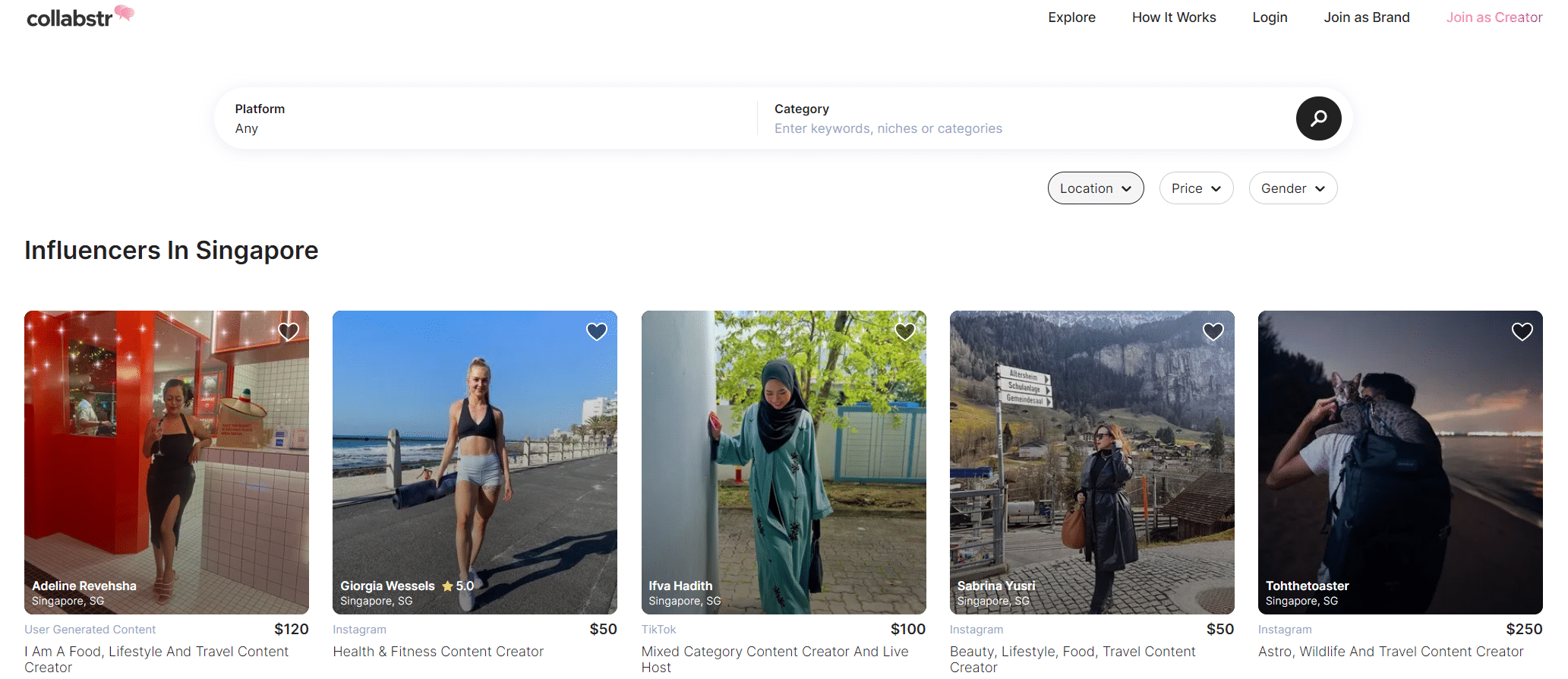 A screenshot of Collabstr main page as an example