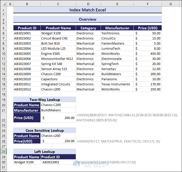 a screenshot of index match excel formulas example