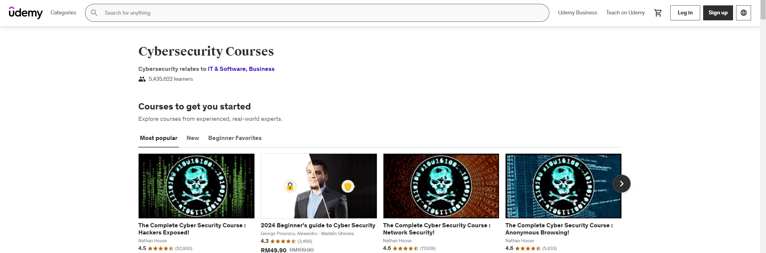 a screenshot of udemy cybersecurity course homepage