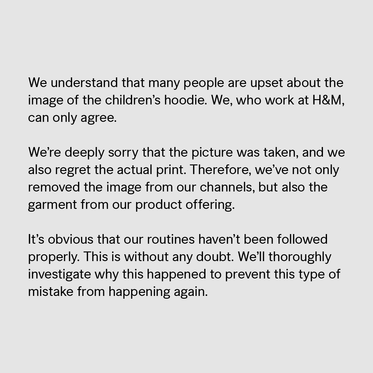 an image of H&M's apology message on social media