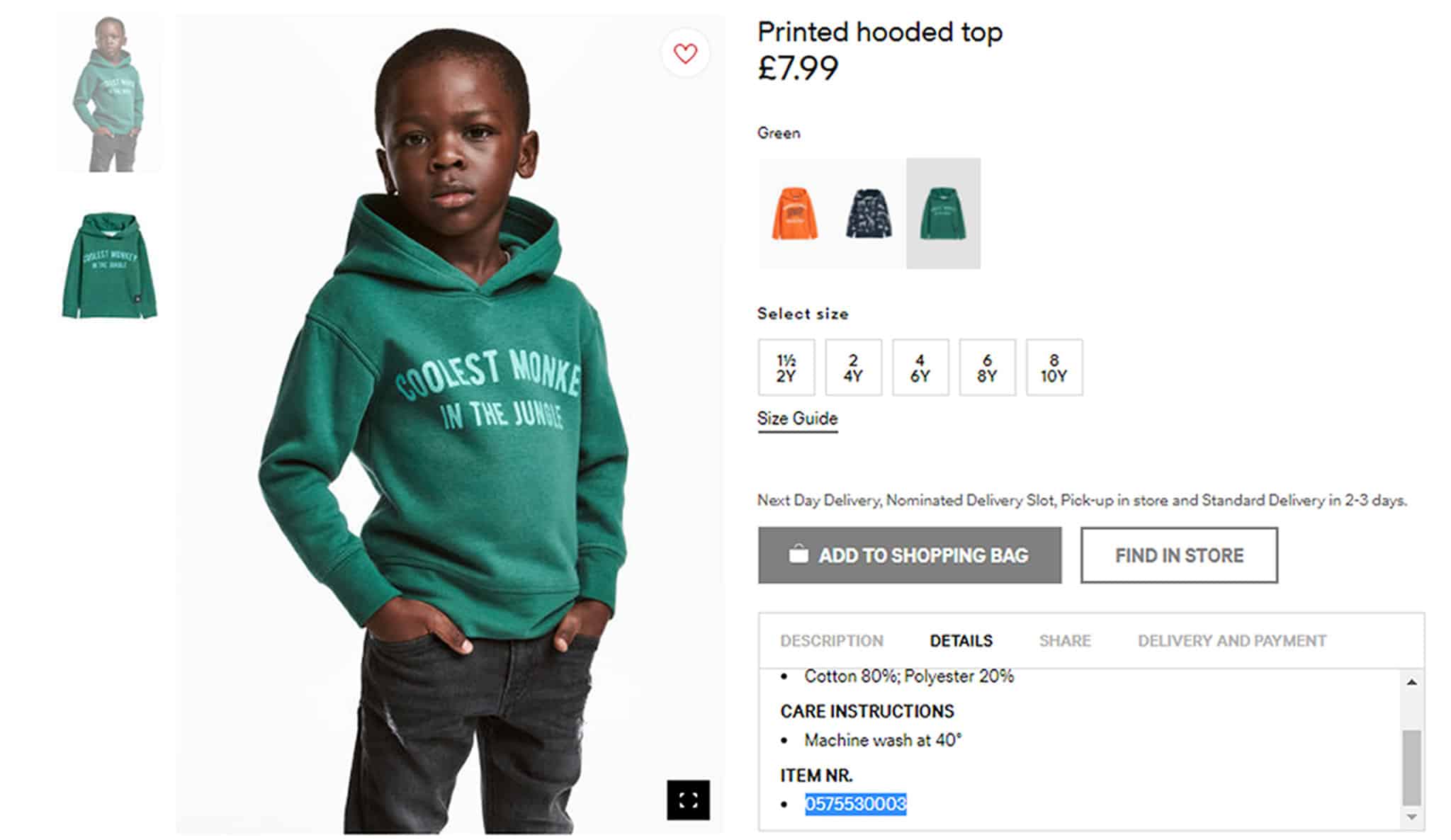 an image of H&M's controversial hoodie on their website catalogue