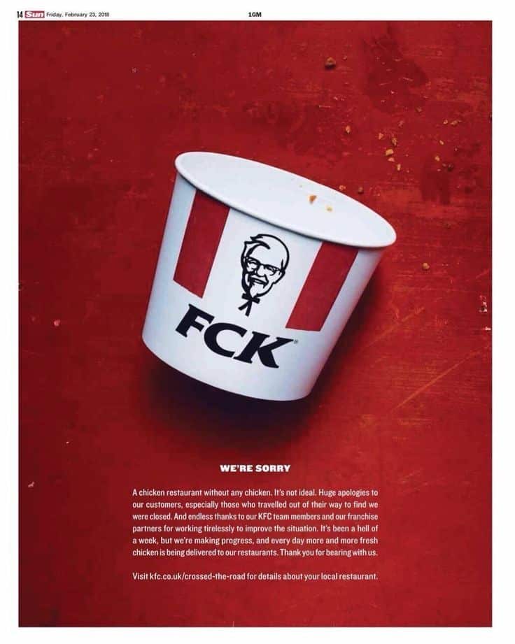 an image of KFC's FCK advertisement on newspaper