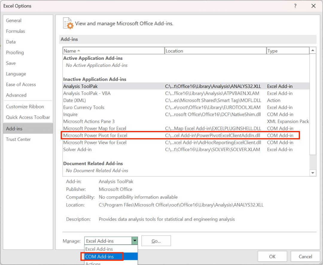 a screenshot of navigating com add-in to enable power pivot on microsoft excel