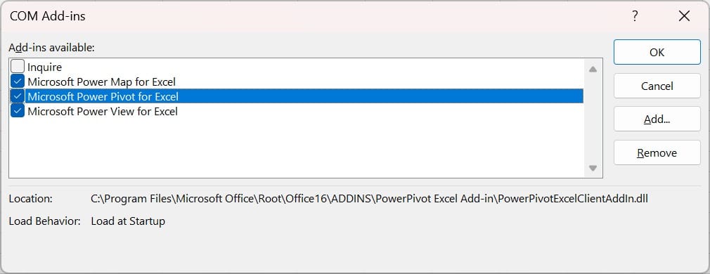 a screenshot of the check power pivot window