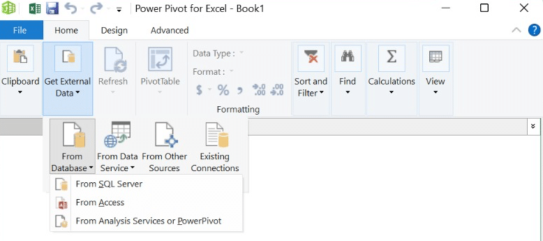 a screenshot of import or get data for power pivot
