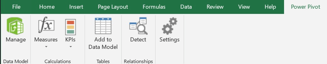 a screenshot of power pivot ribbon after add-in