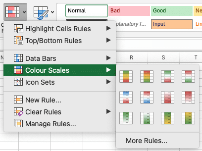 a screenshot of colour scales for conditional formatting in microsoft excel