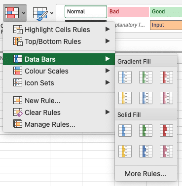 a screenshot of data bars for conditional formatting in microsoft excel