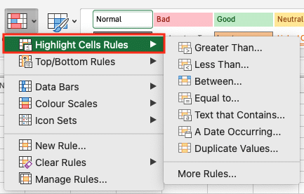 a screenshot of highlighting cell rules for conditional formatting in microsoft excel