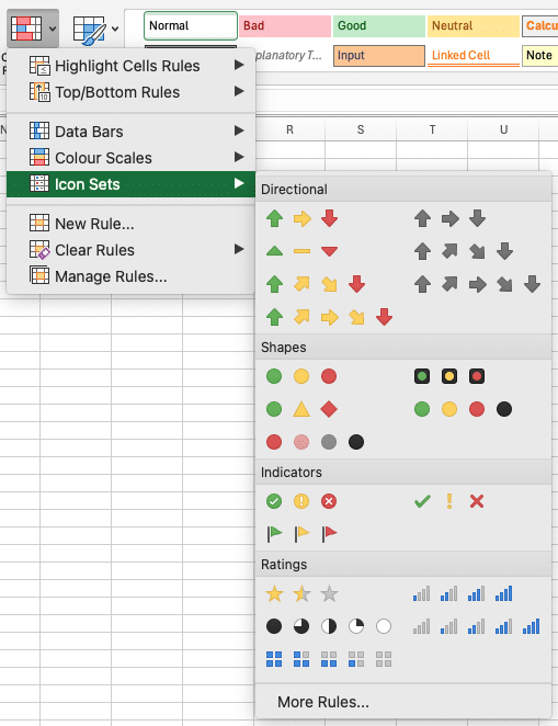 a screenshot of icon sets for conditional formatting in microsoft excel