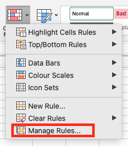 a screenshot manage rules for conditional formatting in excel
