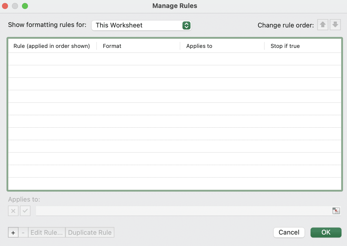 a screenshot of manage rules window for conditional formatting in excel