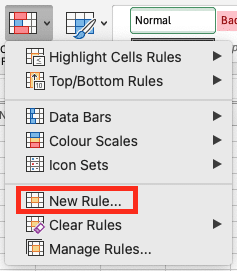 a screenshot of creating new rule for conditional formatting in excel
