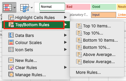 a screenshot of top/bottom rule for conditional formatting in microsoft excel