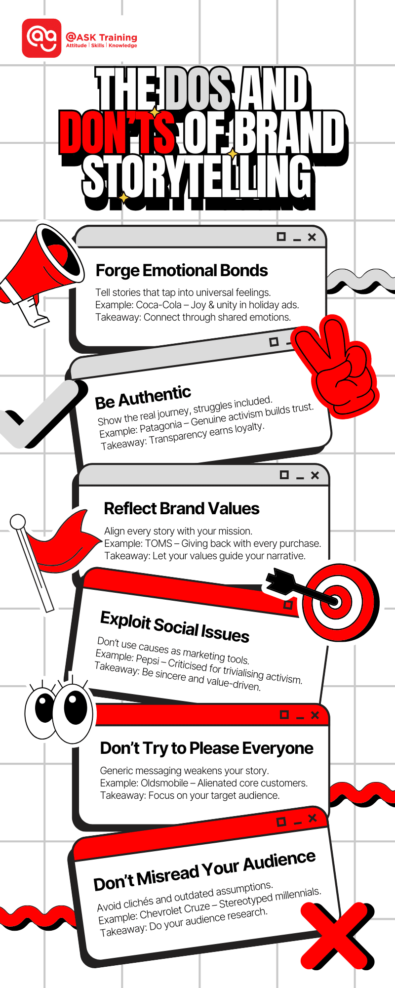 an infographic of brand storytelling dos and donts with elements