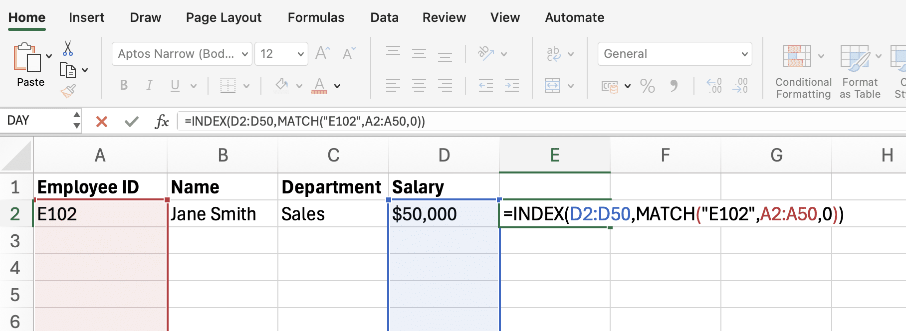 a screenshot of basic lookup formula in excel