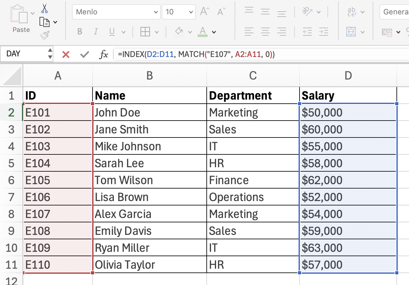 a screenshot of fixed results example in excel