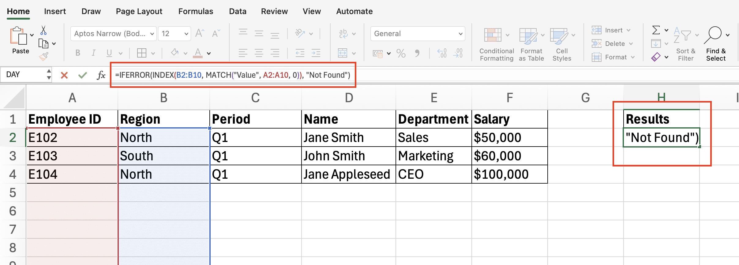 a screenshot of not found iferror formula on excel