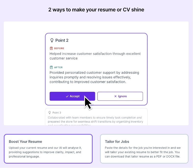 a screenshot of resumeboostsg demo for resume formats