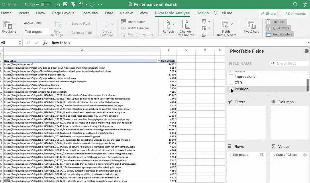 a gif of dragging values to filters column in field list pivottable excel