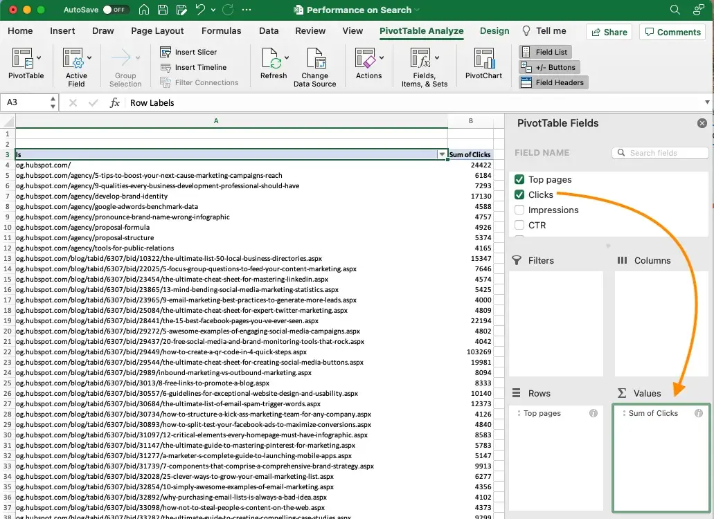 a screenshot of how to drag and drop field names within pivottable