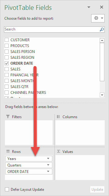 screenshot of dragging order date to rows example in pivottable excel