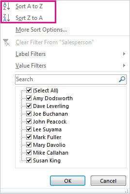 a screenshot of sorting order amount from a-z in pivottable excel