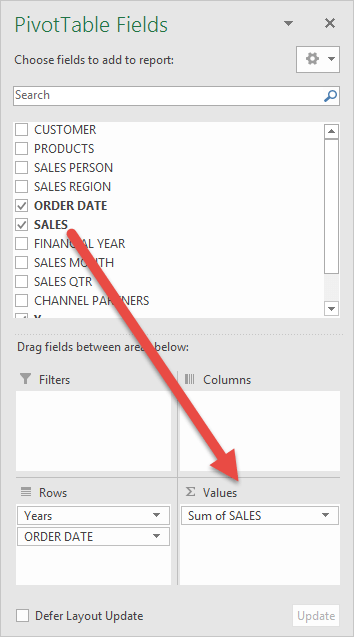 screenshot of dragging sales to values in pivottable excel