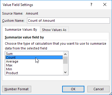 screenshot of value field settings to summarise value in pivottable
