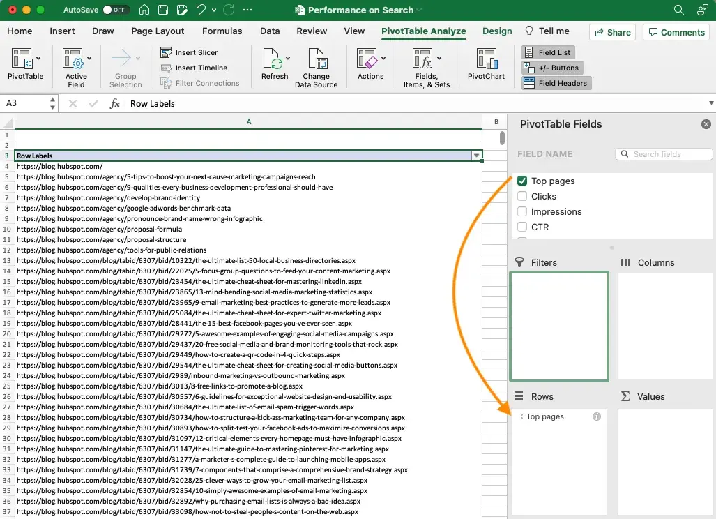 a screenshot of how to drag and drop field names within pivottable