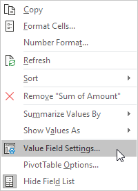 screenshot of value field settings in excel pivottable