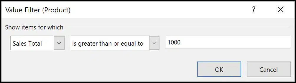 a screenshot of value filter window in pivottable excel