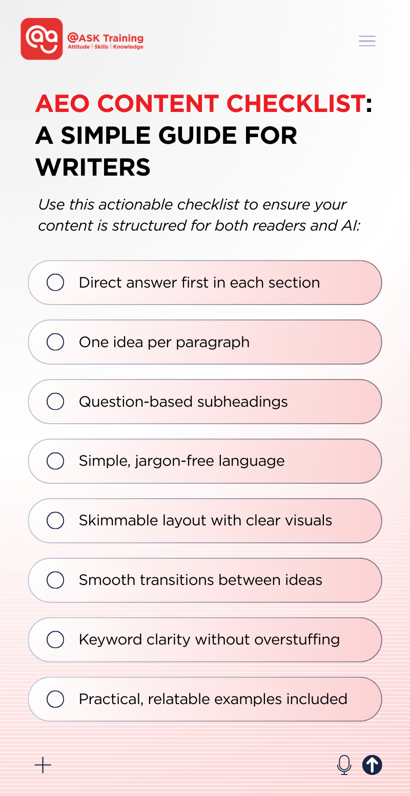 AEO content checklist infographic showing a simple guide for writers