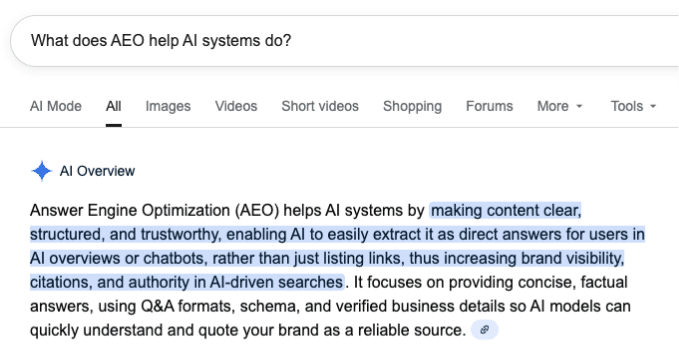 Example of AEO in GOogle SERP